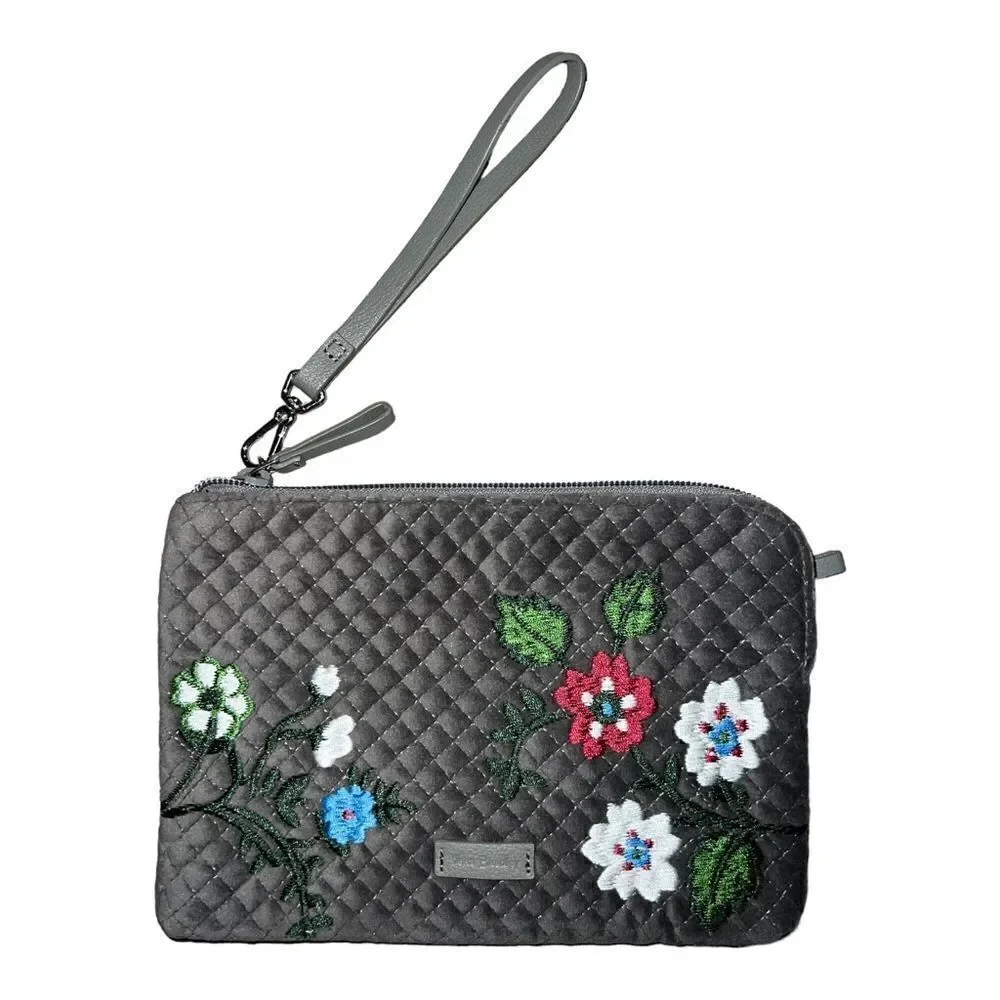 Vera Bradley Wolf Gray Iconic RFID Wristlet Embroidered Floral Velvet NWT